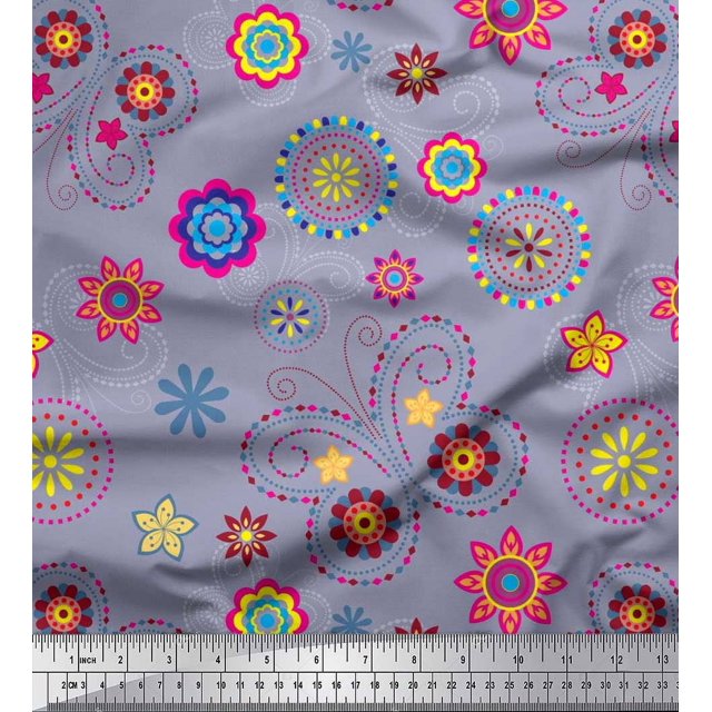 Soimoi Gray Modal Satin Fabric Insect & Floral Clip Art Print Sewing Fabric BTY 42 Inch Wide