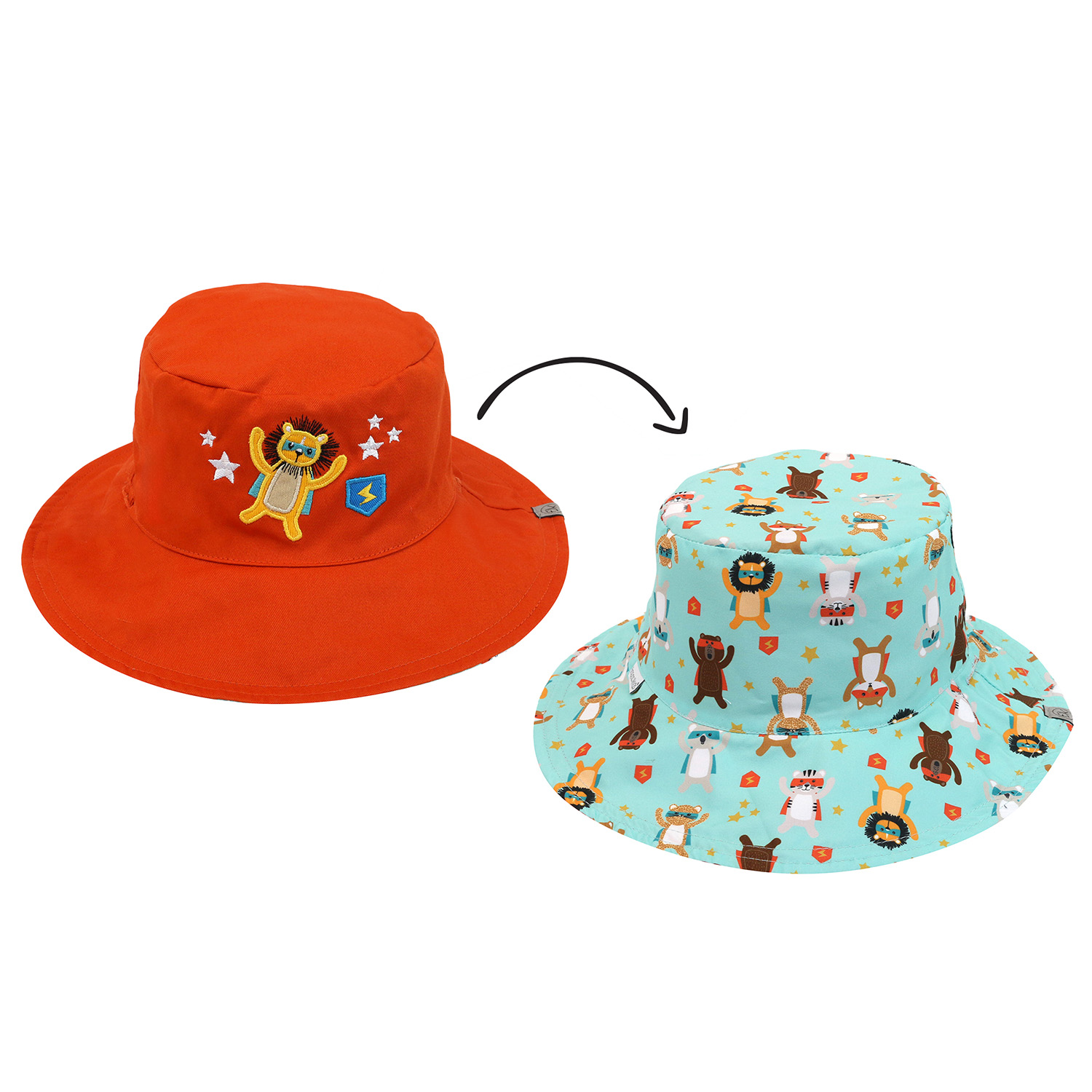 FlapJackKids - Kids Reversible Mixed Sun Hat - Animal Superhero - S (6M-2Y)