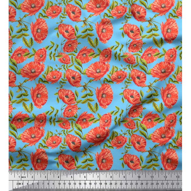 Soimoi Blue polyester Crepe Fabric Leaves & Floral Print Sewing Fabric Yard 52 Inch Wide