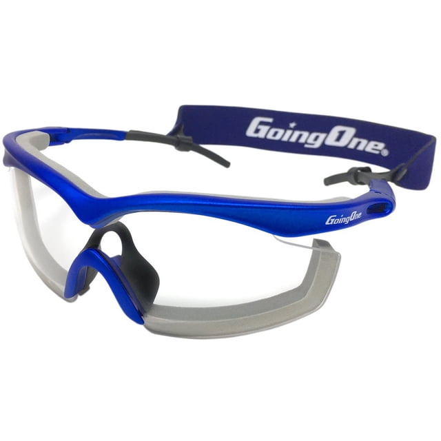 Going One Sports Safety Glasses in senior size, designed for racquet sports like pickleball, racquetball, and squash, as well as basketball. Features a blue metallic-effect nylon frame, padded eye rims for comfort and sweat protection, and anti-fog polycarbonate lenses with UV protection. Includes a soft silicone nose bridge and a removable adjustable strap for a secure fit. Meets ASTM F803 impact standards for safety.
