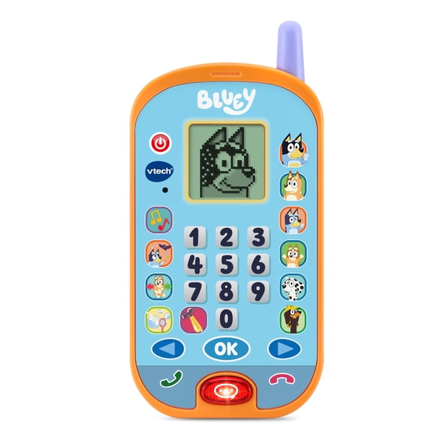 VTech® Bluey™ Ring Ring Téléphone - Version Française, un toy Phone Éducatif Multicolore avec un Cadre orange et un devant Bleu Présentant un Bluey Pixélisé à l'Écran, un Pavé Numérique, des Boutons de Personnage et des Commandes d'Appel, Conçu pour les Enfants de 3 à 7 Ans pour l'Apprentissage Interactif et le Jeu d'Imitation.