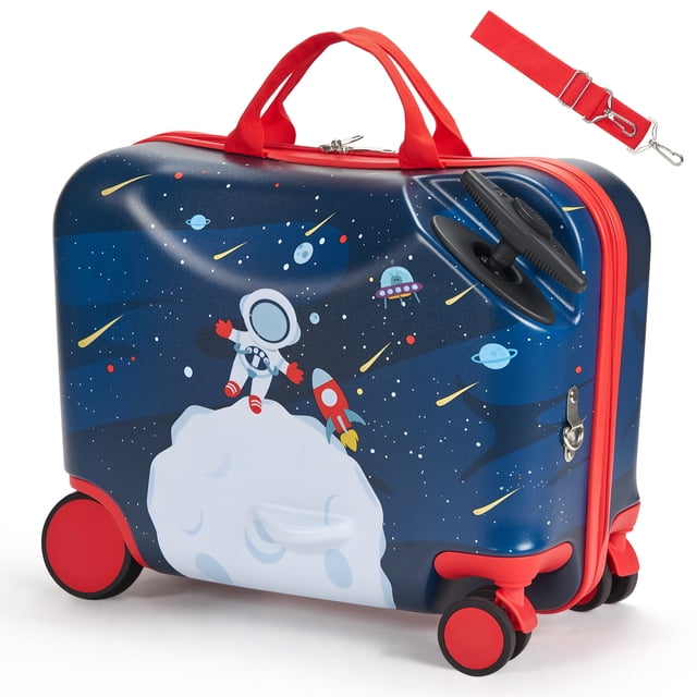 VEVOR Ride-on Luggage 18-inch Lightweight Kids Scooter Suitcase with Wheels, featuring a durable ABS+PC shell and a fun astronaut and starry sky design. This compact 26L suitcase includes smooth four-wheel movement, adjustable handlebars, and a removable red shoulder strap. It meets airline carry-on standards and is suitable for storing clothes, toys, and travel essentials. The suitcase is shown with its vibrant red accents and secure locking mechanism.