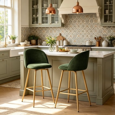 Homy Casa 2-Piece 26'' Swivel Bar Stools, Green Fabric Counter Chairs with Footrest for Kitchen Island