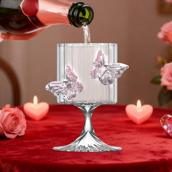 Aufmer Butterfly Decor Glass Tumbler, Stemmed Valentine Wine Glass, Hand Blown Juices Cup with Delicate Butterfly Embossed Design