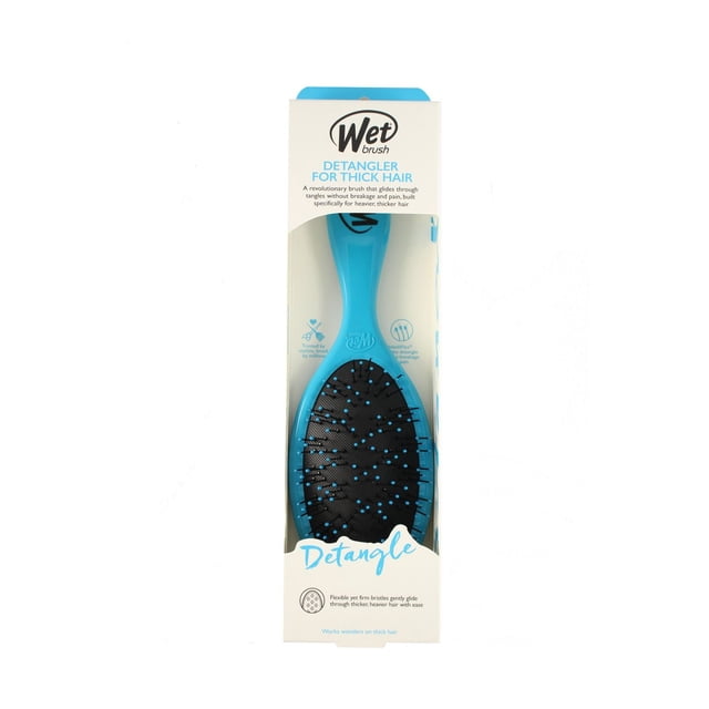 Wet Brush Thick Detangler Brush in blue with black cushioned base and flexible Intelliflex bristles with blue tips, designed for thick hair detangling, shown in retail packaging highlighting gentle glide through tangles and reduced breakage, suitable for wet or dry hair and ideal for extensions and wigs.