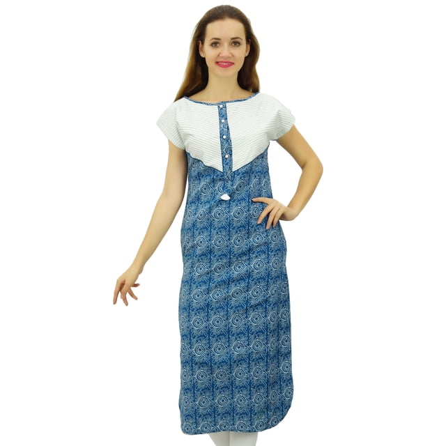 Bimba Tunique Décontractée pour Femme Mi-Mollet Droite Imprimée en Coton Kurti Kurta, Indigo, 10