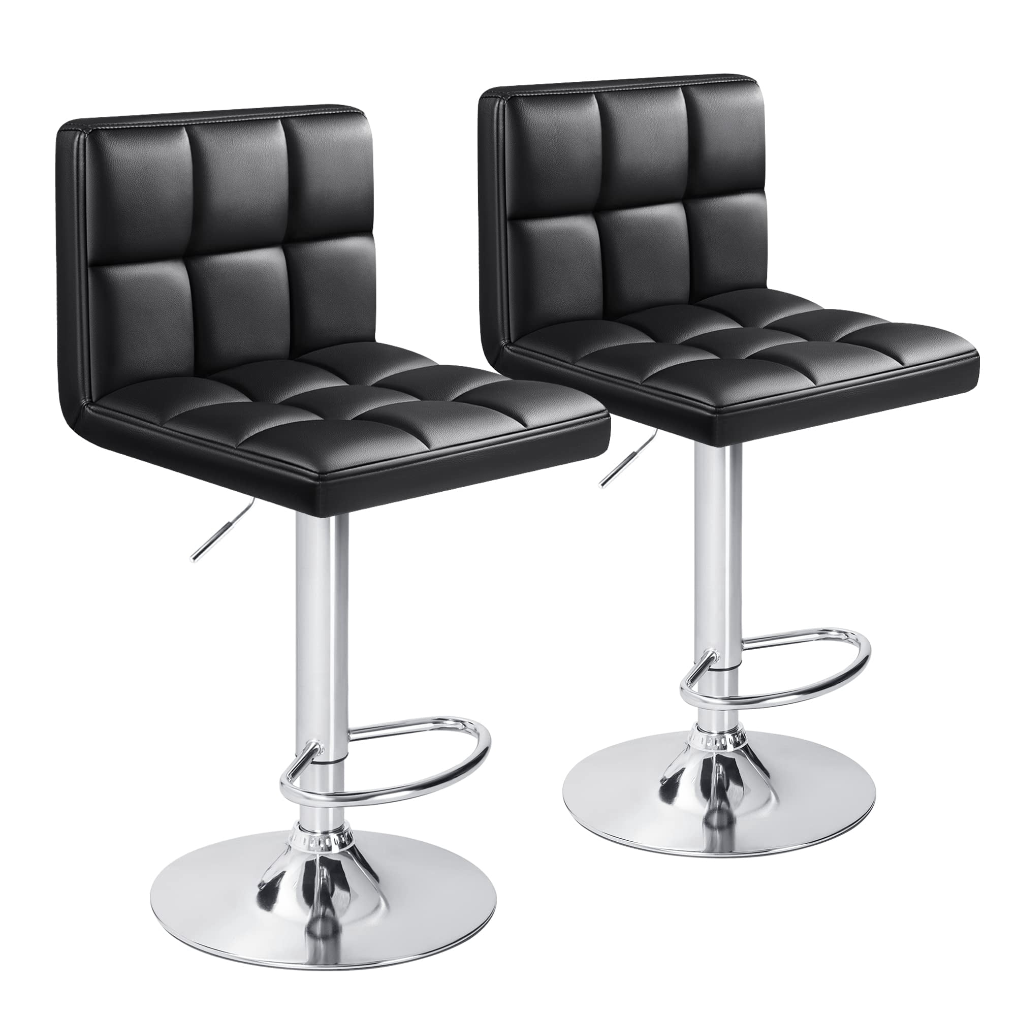 Furniwell Bar Stools Modern Pu Leather Swivel Adjustable Barstools Armless Counter Height Swivel Bar Stool Synthetic Leather Height Square Barstool with Set of 2(Black