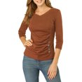 thumbnail image 1 of INSPIRE CHIC Women's Button Decor V Neck 3/4 Sleeve Solid Blouse Knitted Ruched Top Brown XS, 1 of 6