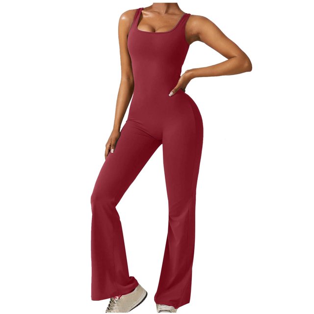 Penkiiy Combinaison à Jambes Larges à Encolure Carrée pour Femme, Rouge, TG