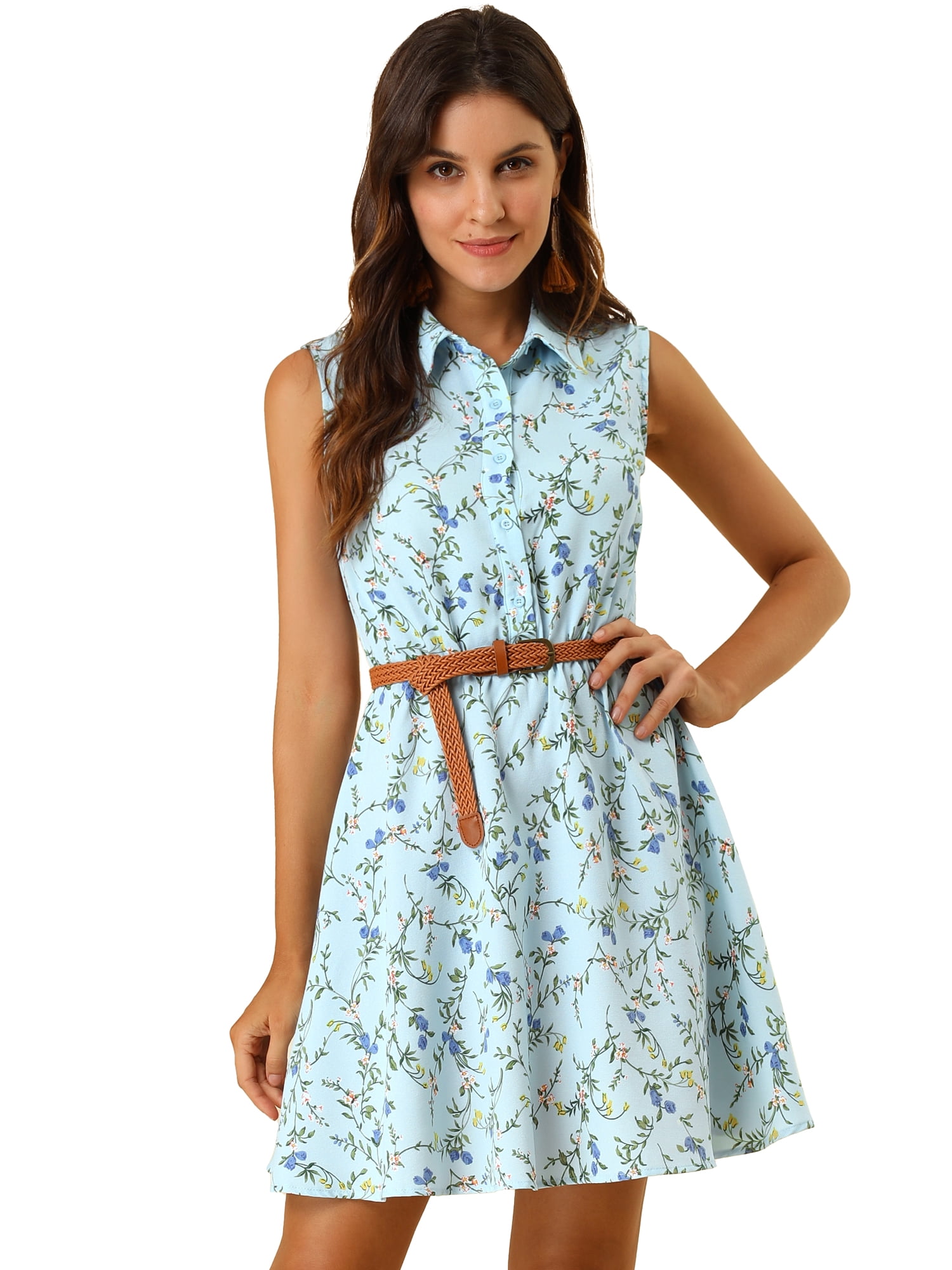 INSPIRE CHIC Women's Printed Half Placket Sleeveless Belted Dress