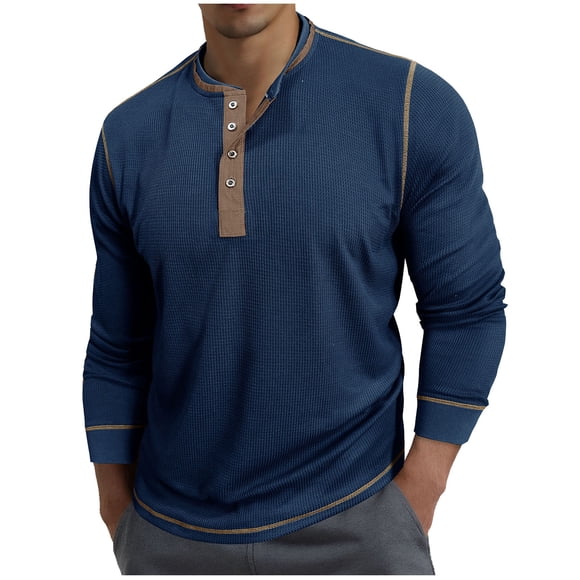 Ohufall Casual T-Shirts for Mens Long Sleeve Henley Neck Breathable Button Tops Plus Size Solid Versatile Tees, M-3XL