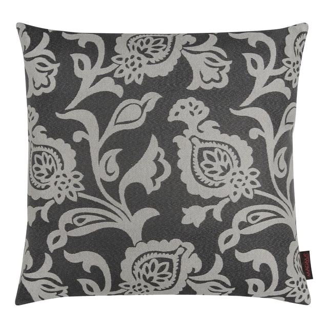 Gouchee Home VIOLETTA Cushion is a square grey throw pillow with a jacquard fabric shell featuring a detailed light grey floral pattern, filled with polyester and designed with a zipper closure for easy shell removal, ideal for enhancing home décor and often used as a stylish accent on sofas or chairs.
