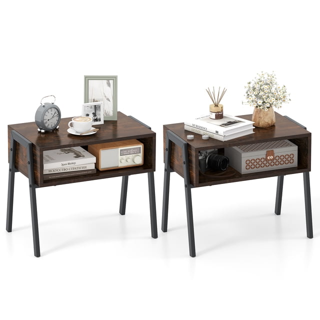 Gymax 2PCS Stackable End Table Night Stand Bedside Table Shelf Accent Table featuring a set of two rectangular tables with a brown engineered wood top and black steel frame. Each table includes a spacious open storage compartment and a smooth tabletop, ideal for holding books, decor, or a bedside lamp. The stackable design allows for flexible storage options, and non-slip foot pads protect floors from scratches. Suitable for use as side tables, coffee tables, or nightstands in living rooms, bedrooms, or entryways.