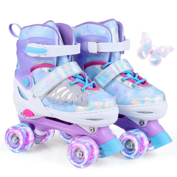 Babyjoy Patins à Roulettes pour Enfants 4 Tailles Patins Quads Ajustables avec Roues Lumineuses pour 7-9 Ans Bleu