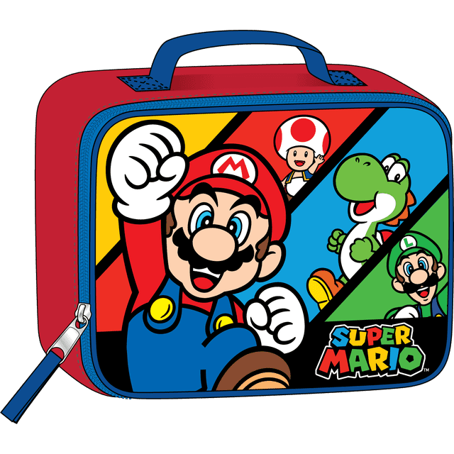 Super Mario Sac à Lunch Isolé à Imprimé de Personnages avec Extérieur Rouge, Fermeture Éclair Bleue et Poignée, Présentant des Imprimés Vibrants de Mario, Luigi, Yoshi et Crapaud sur un Panneau avant Multicolore, Conçu pour Garder les Lunchs des Enfants Frais et Organisés.