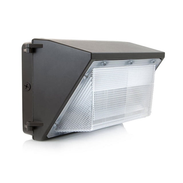 IGLOW WALL LIGHT 60W wall sconce with matte black triangular housing and clear textured lens, providing 7200 lumens of 5000K cool white light, energy-efficient 60W power, and a built-in photocell sensor for automatic dusk to dawn operation.
