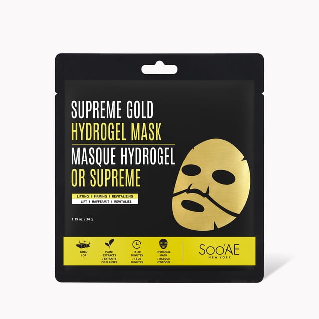 Soo'Ae Supreme Gold Hydrogel Mask in black and gold packaging with a gold face mask illustration, offering lifting, firming, and revitalizing benefits with gold and plant extracts that boost moisture and soothe dryness in a 15-20 minute hydrogel treatment.