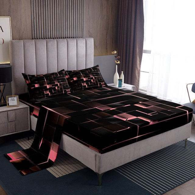 YST Pink Black Pastel Bed Sheets, Geometric Neon Square Sheet Set King Size For Bedroom, Stereoscopic Geometry Grid Sheets Modern Abstract Fitted Sheet, 2 Pillow Cases