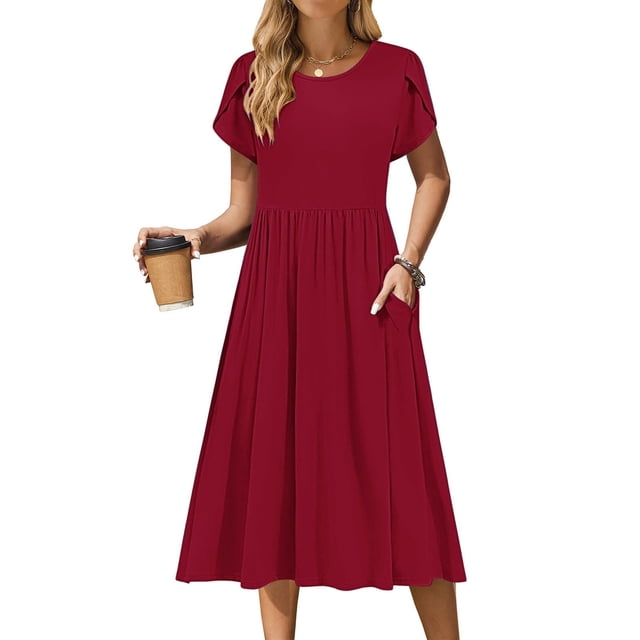 Ovzne Robes pour Femmes Robe d'Été Robe Décontractée d'Été pour Femmes Robe de Printemps à Manches Courtes avec Poches Robe de Plage Décontractée Robe de Printemps à Manches Courtes en Liquidation