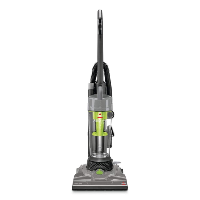 BISSELL® AeroSwift® Compact Bagless Upright Corded Vacuum Cleaner in refurbished excellent condition. The lightweight vacuum features a grey and green design with a transparent dirt tank and cyclonic suction technology. It includes a stretch hose and onboard tools for versatile cleaning on carpets, hard floors, stairs, and upholstery. The multi-level filtration system helps trap dust and allergens. Visible cosmetic signs of prior use, such as scratches or scuffs, may be present but do not affect functionality.