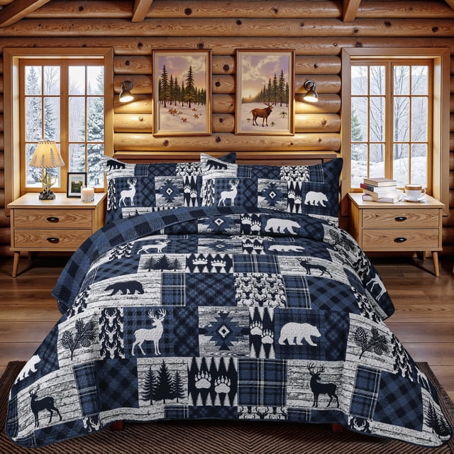 3 Piece Cabin Full/Queen Quilt Sets Farmhouse Rustic Reversible Microfiber Soft Lightweight Bedspread Comforter with 2 Shams Patchwork Country Lodge Bedding Quilts Set for All Sea