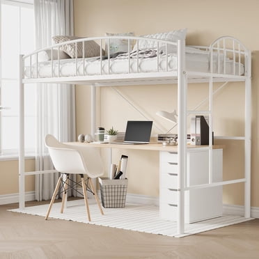 Loft Bed Twin Size with Ladde and Arched Guardrail, Heavy Duty Metal Loft Bed Frame for Kids and Adults, Sturdy Steel Slats Support, Small Space Saving Design, No Box Spring Needed, White