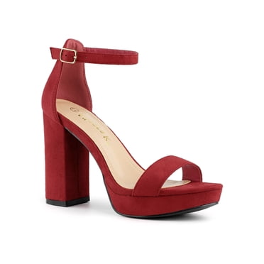 BLISSFUL STEP Chaussures pour Femmes en Faux Suède à Talon Épais Plateforme à Bride à la Cheville Sandales à Bout Ouvert Rouge 8,5