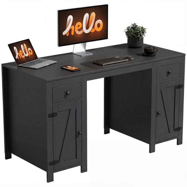 53" Farmhouse Executive Desk with Drawers and 2 Cabinets, Black Wood Grain MDF Computer Desk with Adjustable Shelves, Rustic Writing Study Table for Home Office and Bedroom