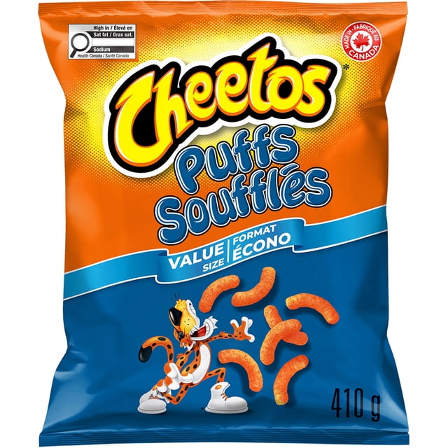 Cheetos Puffs Cheese flavoured Snacks Value Size front-facing retail bag with a few puffed snacks visible in front; packaging text notes real cheese and the 'Dangerously Cheesy' tagline, suitable as a shareable party snack or movie-night treat.