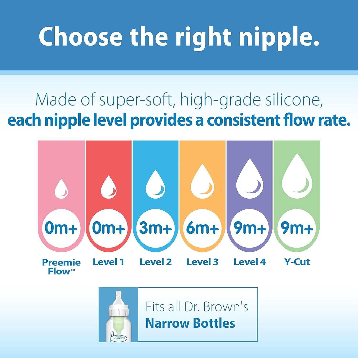 Dr. Brown's Natural Flow Level 2 Narrow Baby Bottle Silicone Nipple, Medium Flow, 3m+, 100% Silicone Bottle Nipple, 6 pack