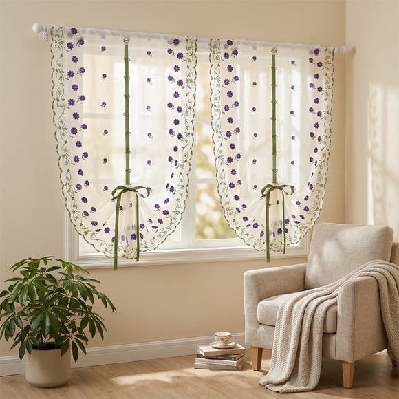Double Layer Floral Draw Back Curtain With Rod Pocket Lace Sheer Blackout