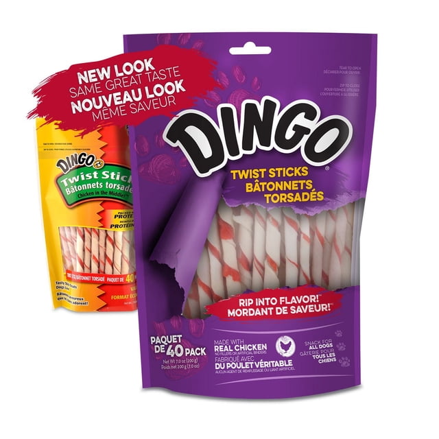 Dingo Bâtonnets Torsadés 40 Ct, 7 Oz (200 g) à Mâcher pour Chien dans un Sac Violet Refermable Montrant des Bâtonnets de Cuir Brut Torsadés Enrobés de Vrai Poulet, Sans Agents de Remplissage Ni Liants Artificiels, Idéal comme Gâterie Riche en Protéines pour Tous les Chiens.