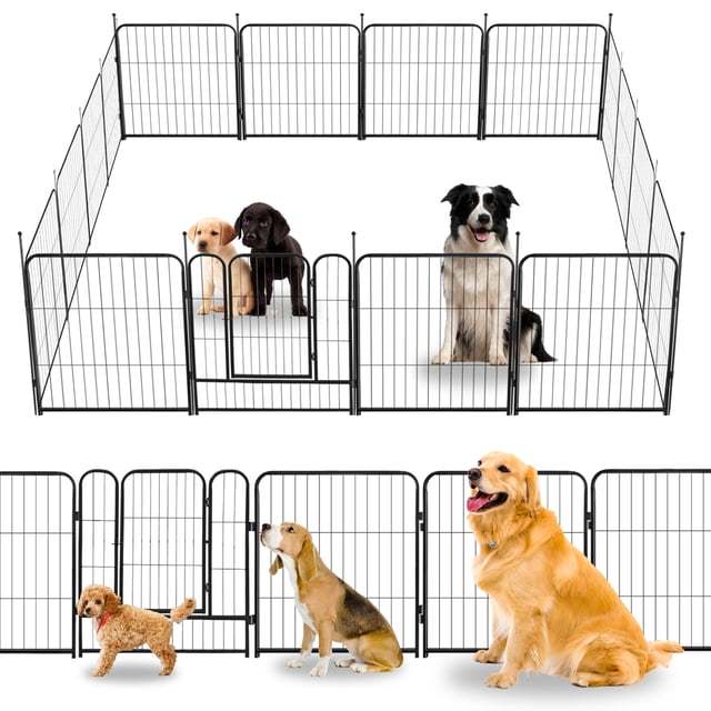 QRInnovations 24" Pet Fence with 16 rust-resistant metal panels, designed as an outdoor exercise pet pen with doors for large, medium, and small dogs. The image shows a spacious black metal playpen with multiple dogs inside and outside, demonstrating its use for pets in a yard or outdoor setting. The panels are foldable and connected with quick-release buttons for easy assembly and portability.
