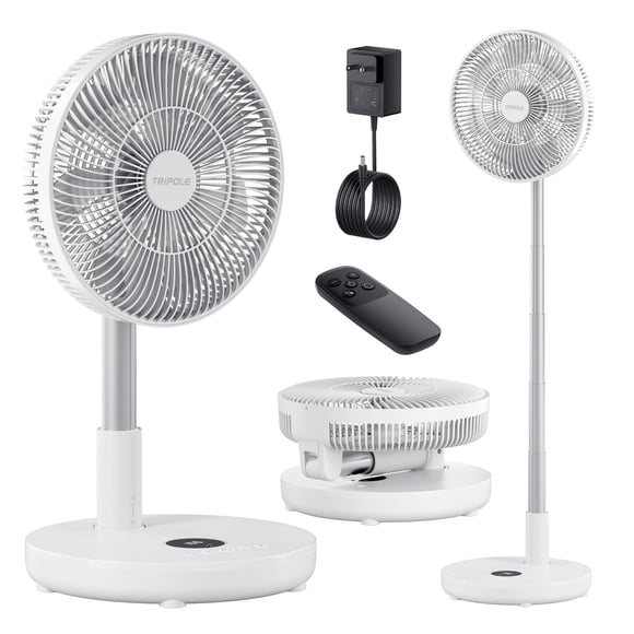 TriPole Oscillating Fan Portable Quiet Standing Fan with Remote, 12" Rechargeable Pedestal Fans for Bedroom Office, Foldable Battery Powered Travel F