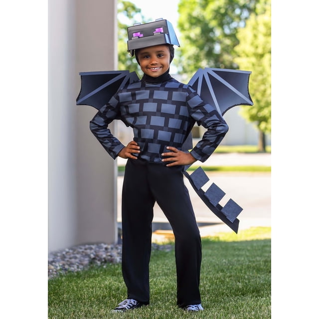 Kids Minecraft Classic Ender Dragon Costume featuring a black jumpsuit with a pixelated block pattern, foam wings, and a felt tail attached to the back. The costume includes a fabric hood and a plastic headpiece with purple eyes, designed to resemble the Ender Dragon from Minecraft. Made from 100% polyester, it has a hook-and-loop fastener for easy wear. Officially licensed and ideal for Halloween or themed events.