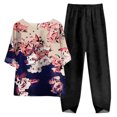 thumbnail image 1 of Mikilon Ensemble Stylé pour Femme 2 Pcs Coton Lin Imprimé Haut à Manches Cinq-Quarts Col Rond + Ensemble Pantalon Décontracté Rose-B 2TG, 1 of 2
