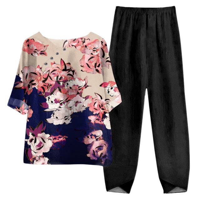 Mikilon Ensemble Stylé pour Femme 2 Pcs Coton Lin Imprimé Haut à Manches Cinq-Quarts Col Rond + Ensemble Pantalon Décontracté Rose-B 2TG