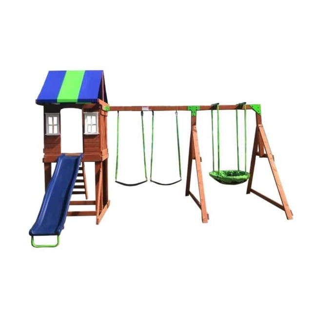 Sportspower West Fork Wooden Swing Set with a wooden fort featuring a blue and green fabric canopy, two sling swings with green vinyl chain covers, a green saucer swing, and a 6-foot blue wavy slide, suitable for outdoor backyard play supporting up to seven kids.