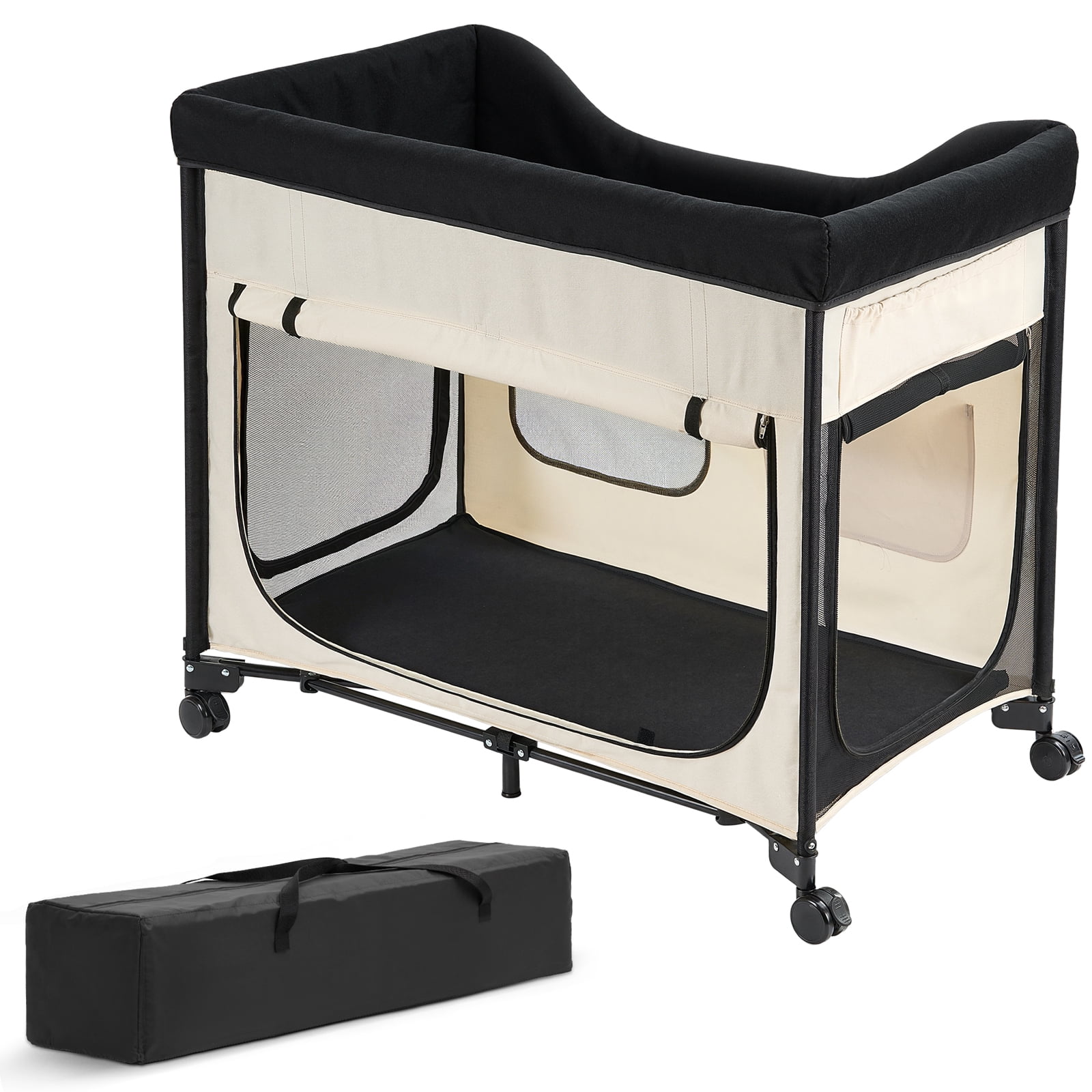 KFFKFF Elevated Lounge Pet Bed, Foldable Bunk Dog Bed with 600D Oxford Cloth and Dutch Velvet, Portable Raised Cot with Wheels, XL, Beige
