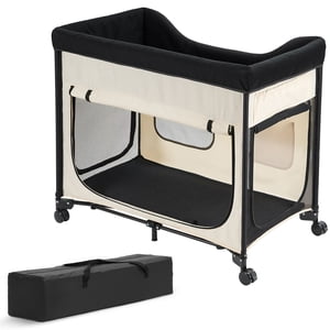 KFFKFF Elevated Lounge Pet Bed, lit de chien pliable avec 600D Oxford Cloth et velours hollandais, lit bébé portatif avec roues, XL, Béige
