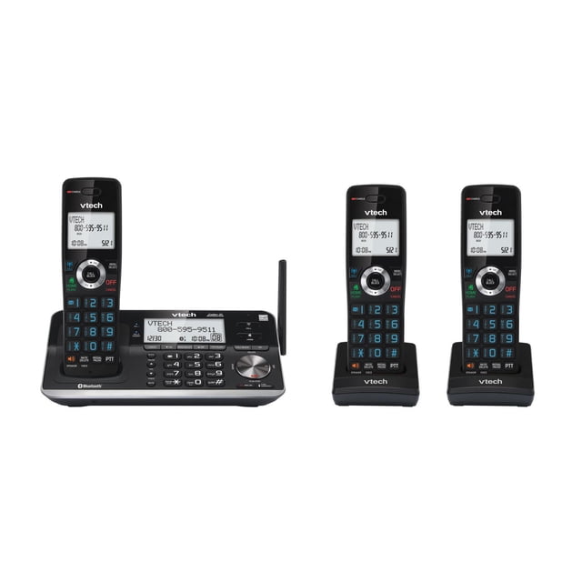 VTech 3-Handset Extended Range Cordless Phone with Bluetooth Connect to Cell, Smart Call Blocker and Answering System, IS7256-3 in black, showing one handset docked on the base with digital answering system and two additional handsets on charging bases, all with backlit keypads and 2-inch monochrome LCD screens displaying caller ID and call block features for enhanced home phone use.