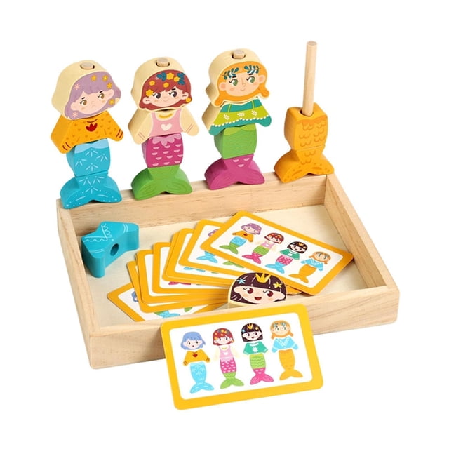 Bunblic Wooden Dress up Puzzle Stacking Toy Educational Mix and Match Outfits Counting for Children Stacking Blocks Color Recognition Mermaid