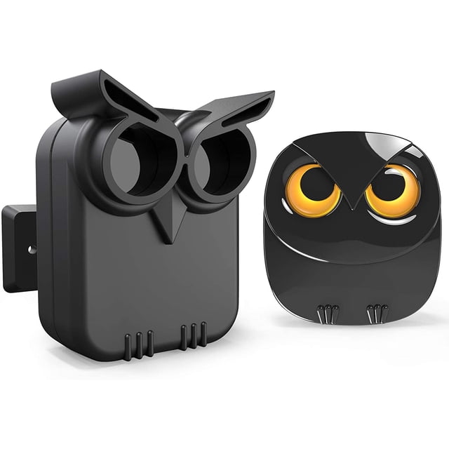 Driveway Alarm 1/2 Mile Long Range Wireless Driveway Alarm featuring a weather-resistant motion sensor and a plug-in receiver. The system includes one sensor and one receiver, designed for outdoor and indoor property monitoring. The black motion sensor has an owl-shaped design with dual lenses, and the receiver features a matching owl motif with glowing orange eyes. Ideal for driveways, gates, garages, and more, it offers a 50-ft motion detection range and a 1/2 mile wireless transmission range. Easy to install and expandable up to 32 sensors.