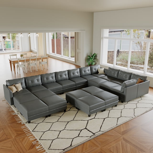 LLappuil Modular Sectional Sofa, 21 Seat Oversized Modular Sectional Sofa with Storage, Faux Leather Waterproof Sofa for Living Room