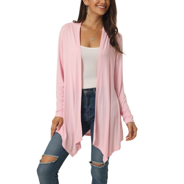 INSPIRE CHIC Women's Spring Fall Draped Open Front Casual Long Sleeve Lightweight Cardigan in size M and pink color. The cardigan features a draped open front design, long sleeves, and lightweight fabric, making it ideal for layering in spring and fall. Made of 65% cotton and 35% polyester, it offers a casual and versatile style. The model pairs it with a white tank top and ripped blue jeans.