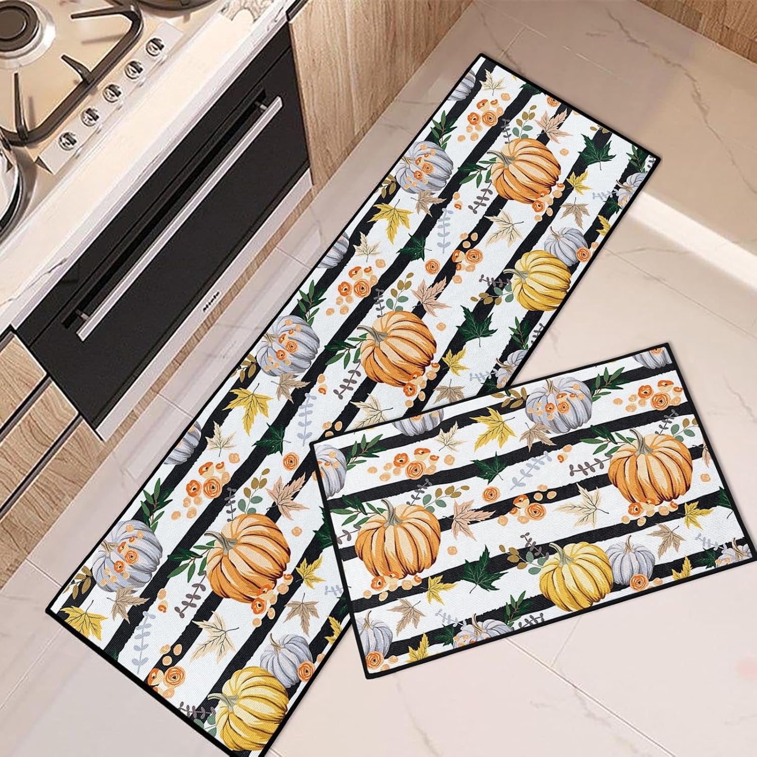 Autumn Orange Pumpkins Kitchen Rugs and Mats Non Skid Washable Set of 2, Farm Vintage Striped Flowers Leaves Kitchen Mats for Floor, Thanksgiving Under Sink Kitchen Runner Rug