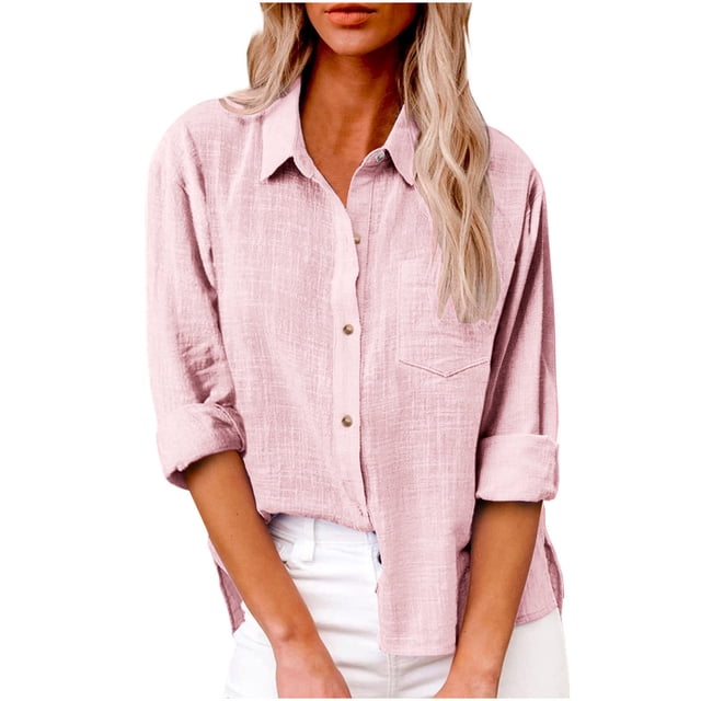 AherBiu Plus Size Womens Button down Shirts Long Sleeve Cotton Linen Tops Fall Casual Loose Fitted Blouses