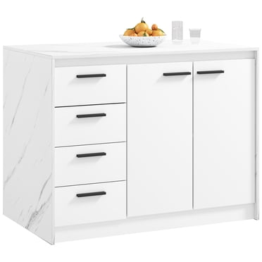 Faux Marble Kitchen Island with 4 Drawers Cabinet Adjustable Shelf White