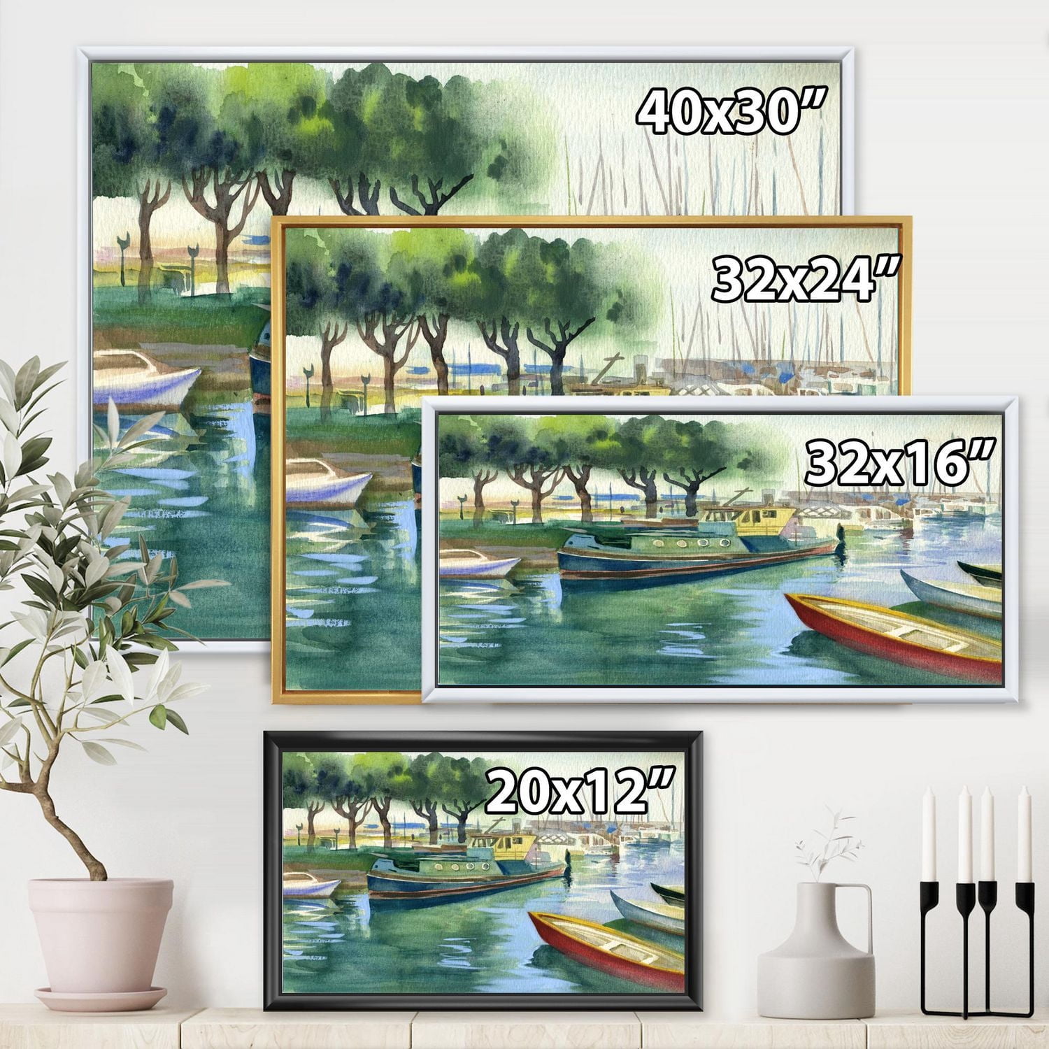 Designart Bateaux au printemps vert ART MURAL À CADRE FLOTTÉ