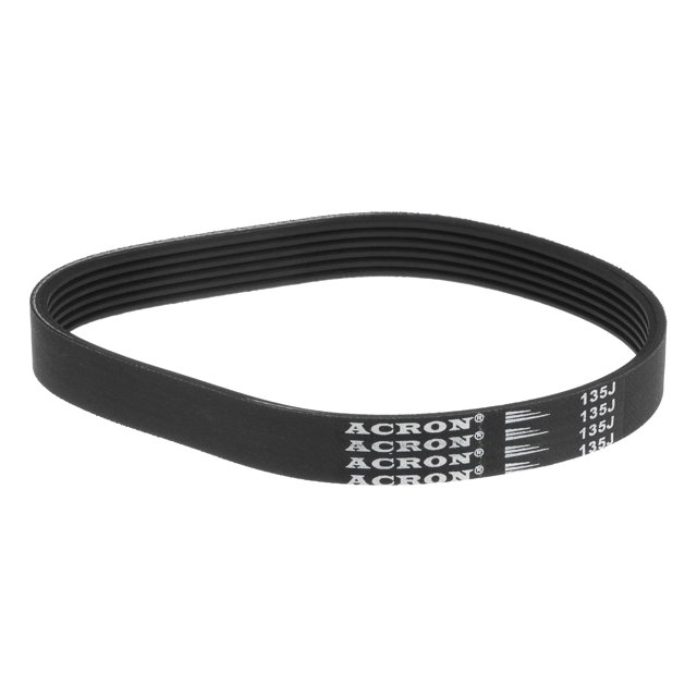 Unique Bargains 135J6 Rubber Poly V Belt with 6 ribs, measuring 13.5 inches in length, 0.55 inches in width, and 0.14 inches in thickness. Made of durable nitrile butadiene rubber, it offers high-temperature resistance, oil resistance, and wear resistance. Designed for use in industrial machinery, appliances, and power tools such as compressors, pumps, drills, and saws. The black belt features a V-ribbed design for enhanced traction and load distribution.